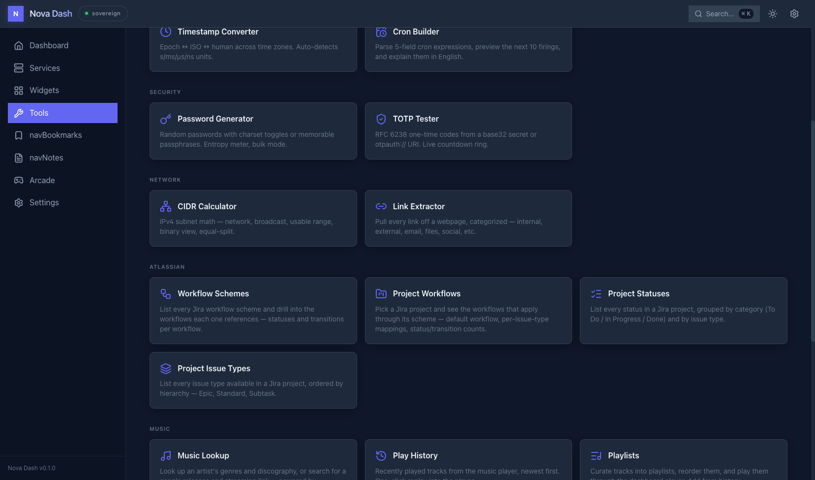 nova-dash tools page · built-in developer utilities grouped by category