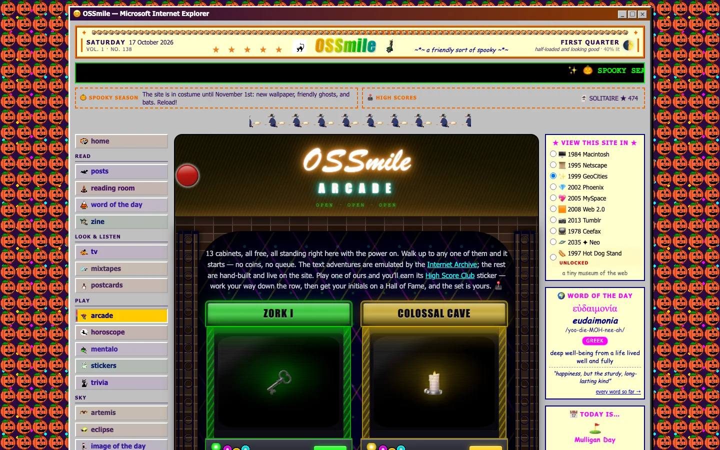 The OSSmile arcade: a neon marquee above a row of game cabinets, starting with Zork I and Colossal Cave.