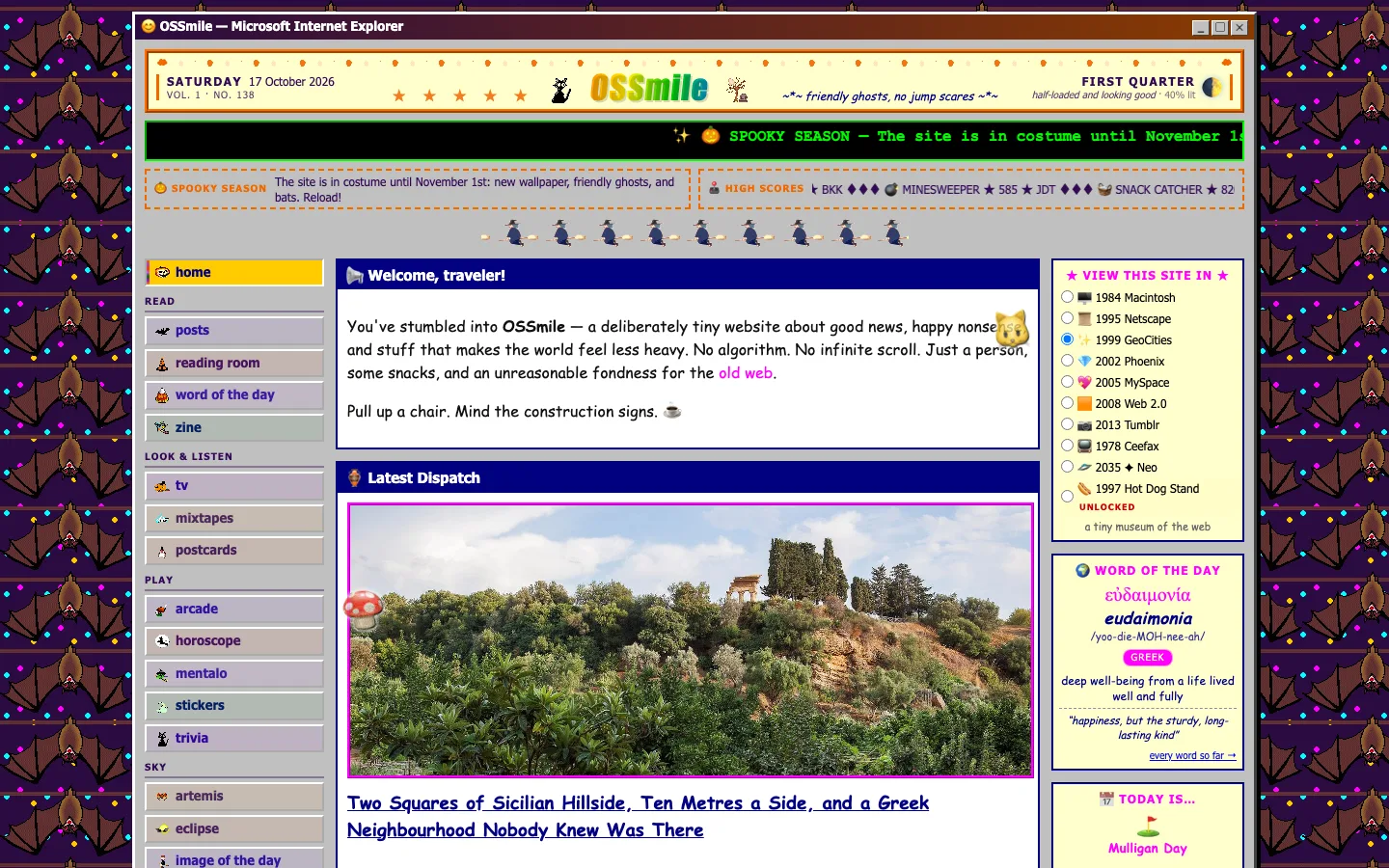 The OSSmile front page in its 1999 GeoCities skin: a newspaper-style masthead with the date, issue number and moon phase; a sidebar of sections; a welcome panel and the latest dispatch; and a panel for switching the site between period skins, beside word-of-the-day and today-is boxes.